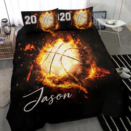 Personalized Basketball Duvet Cover Set, Basketball Fire Ball Player Gift Idea Black Duvet Cover & Pillowcases, Custom Name Number Bedding Set