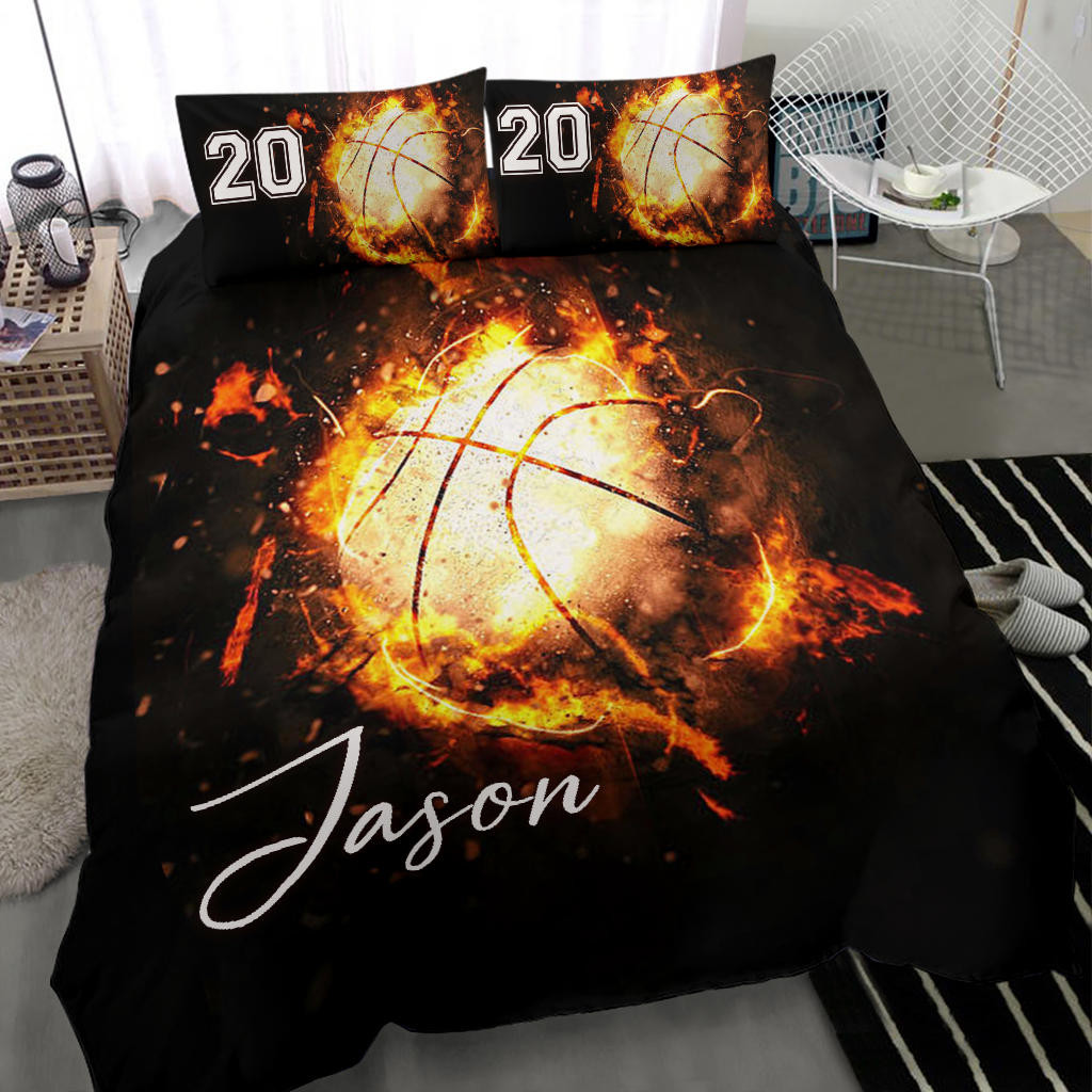 Personalized Basketball Duvet Cover Set, Basketball Fire Ball Player Gift Idea Black Duvet Cover & Pillowcases, Custom Name Number Bedding Set