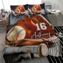 Personalized Baseball Duvet Cover Set, Baseball Ball Glove Player Gift Idea Duvet Cover & Pillowcases, Custom Name Number Bedding Set