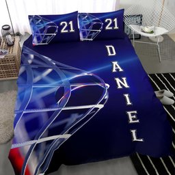 Personalized Hockey Duvet Cover Set, Hockey Moment Player Gift Idea Blue Duvet Cover & Pillowcases, Custom Name Number Bedding Set