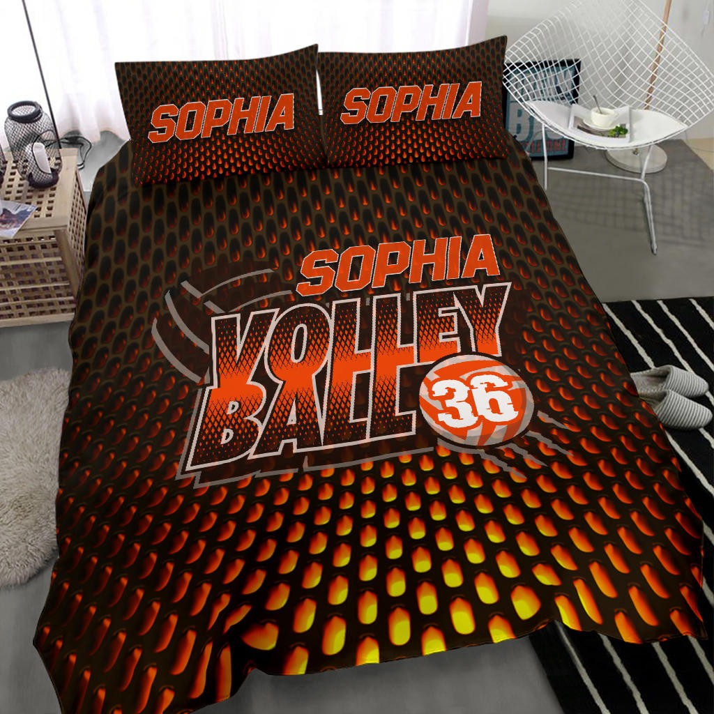 Personalized Volleyball Duvet Cover Set, Volleyball Orange Dot Pattern Player Gift Duvet Cover & Pillowcases, Custom Name Number Bedding Set