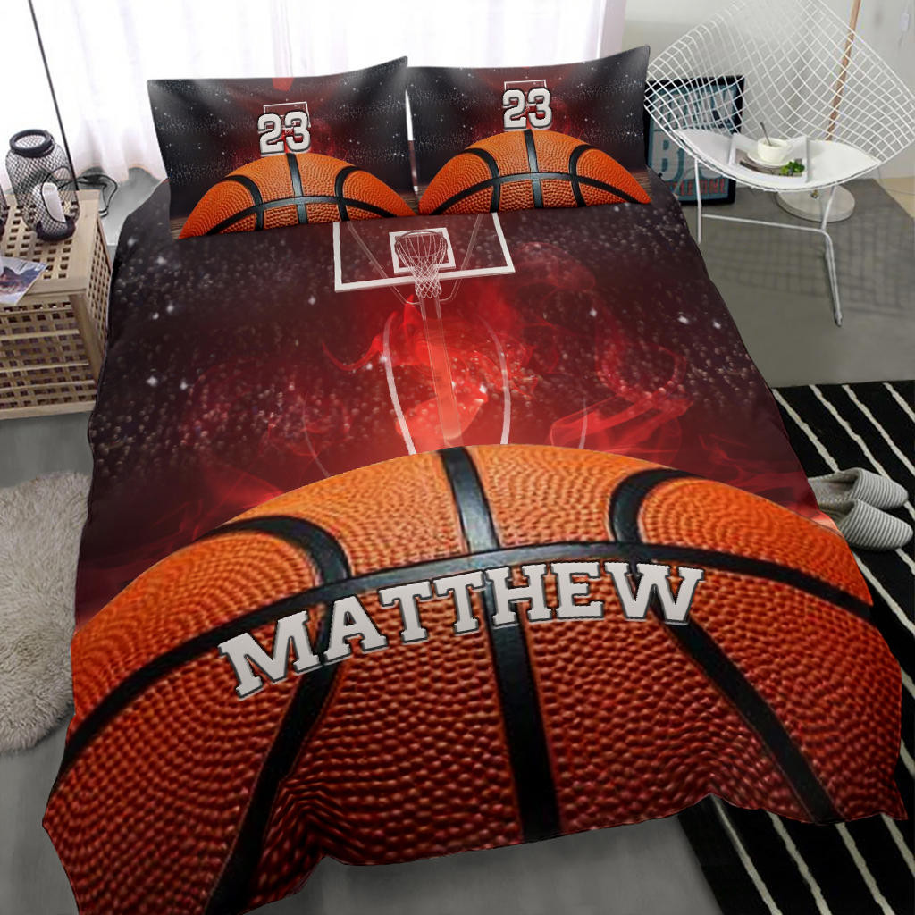 Personalized Basketball Duvet Cover Set, Basketball Ball Red Smoke Player Gift Idea Duvet Cover & Pillowcases, Custom Name Number Bedding Set