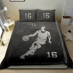Personalized Basketball Duvet Cover Set, Basketball Frame Player Gift Idea Grey Black Duvet Cover & Pillowcases, Custom Name Number Bedding Set