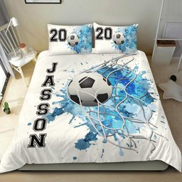 Personalized Soccer Duvet Cover Set, Soccer Ball Blue Goal Player Gift Idea White Duvet Cover & Pillowcases, Custom Name Number Bedding Set