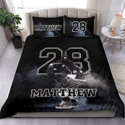Personalized Hockey Duvet Cover Set, Hockey Player Posing Gift Idea Black Duvet Cover & Pillowcases, Custom Name Number Bedding Set
