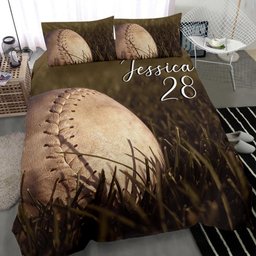 Personalized Softball Duvet Cover Set, Softball Ball In Outfield Player Gift Idea Duvet Cover & Pillowcases, Custom Name Number Bedding Set