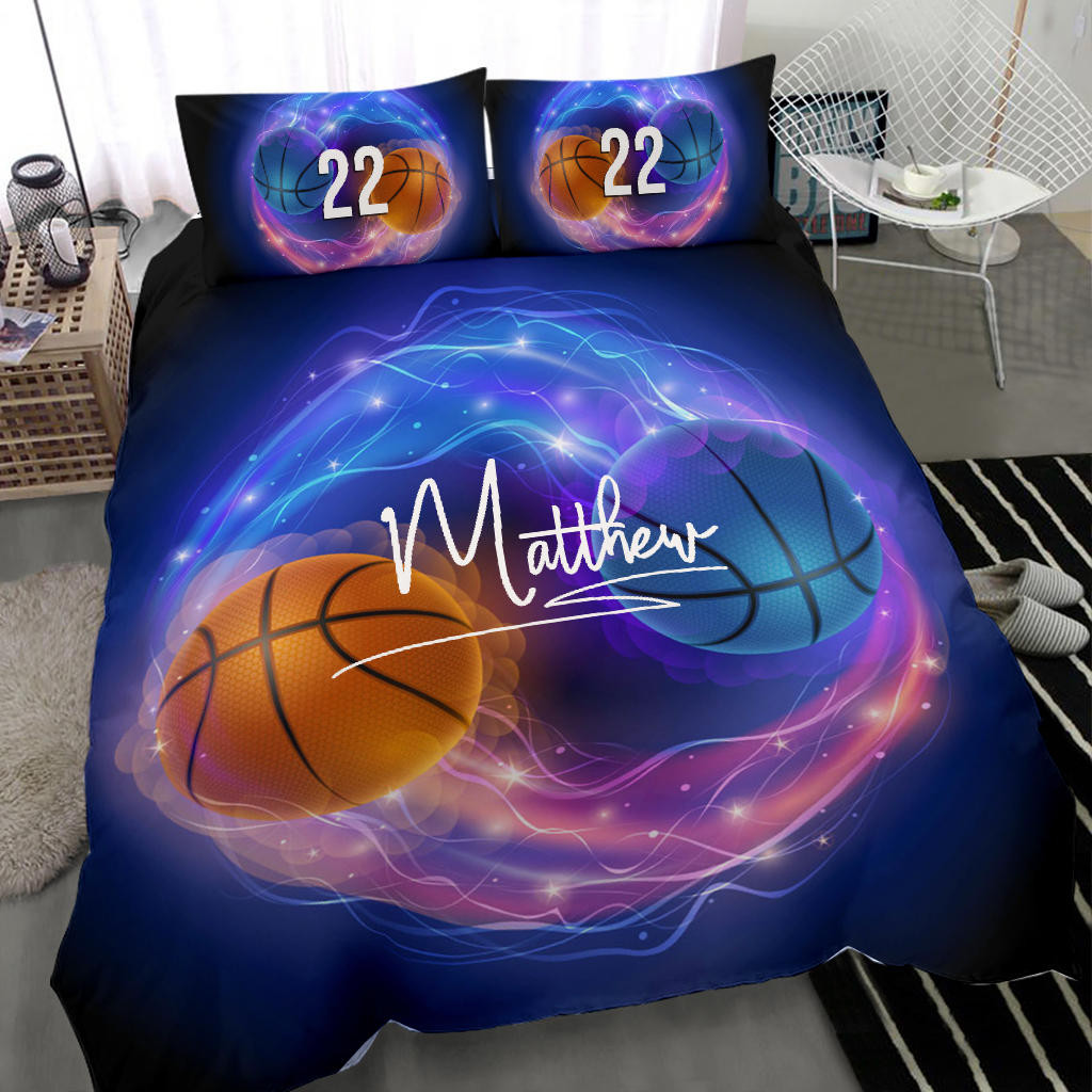 Personalized Basketball Duvet Cover Set, Basketball Ball Yin Yang Thunder Fire Player Duvet Cover & Pillowcases, Custom Name Number Bedding Set