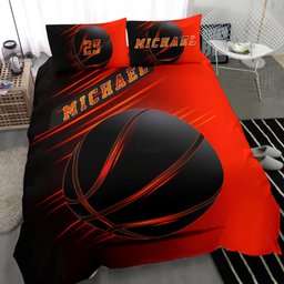 Personalized Basketball Duvet Cover Set, Basketball Black Ball Player Gift Idea Red Duvet Cover & Pillowcases, Custom Name Number Bedding Set