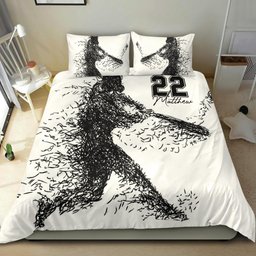 Personalized Baseball Duvet Cover Set, Baseball Sketch Batter Player Black White Duvet Cover & Pillowcases, Custom Name Number Bedding Set