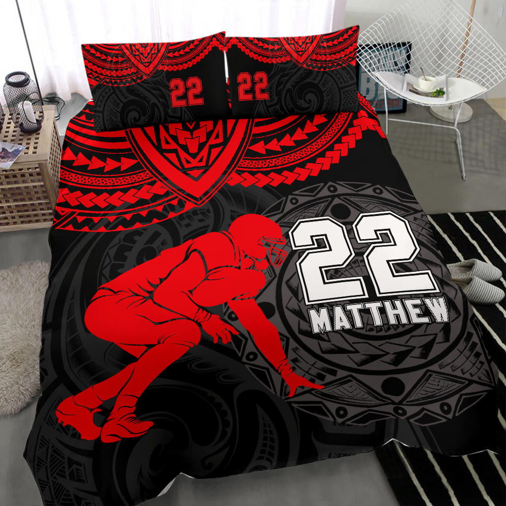 Personalized Football Duvet Cover Set, America Football Red Maori Pattern Player Duvet Cover & Pillowcases, Custom Name Number Bedding Set
