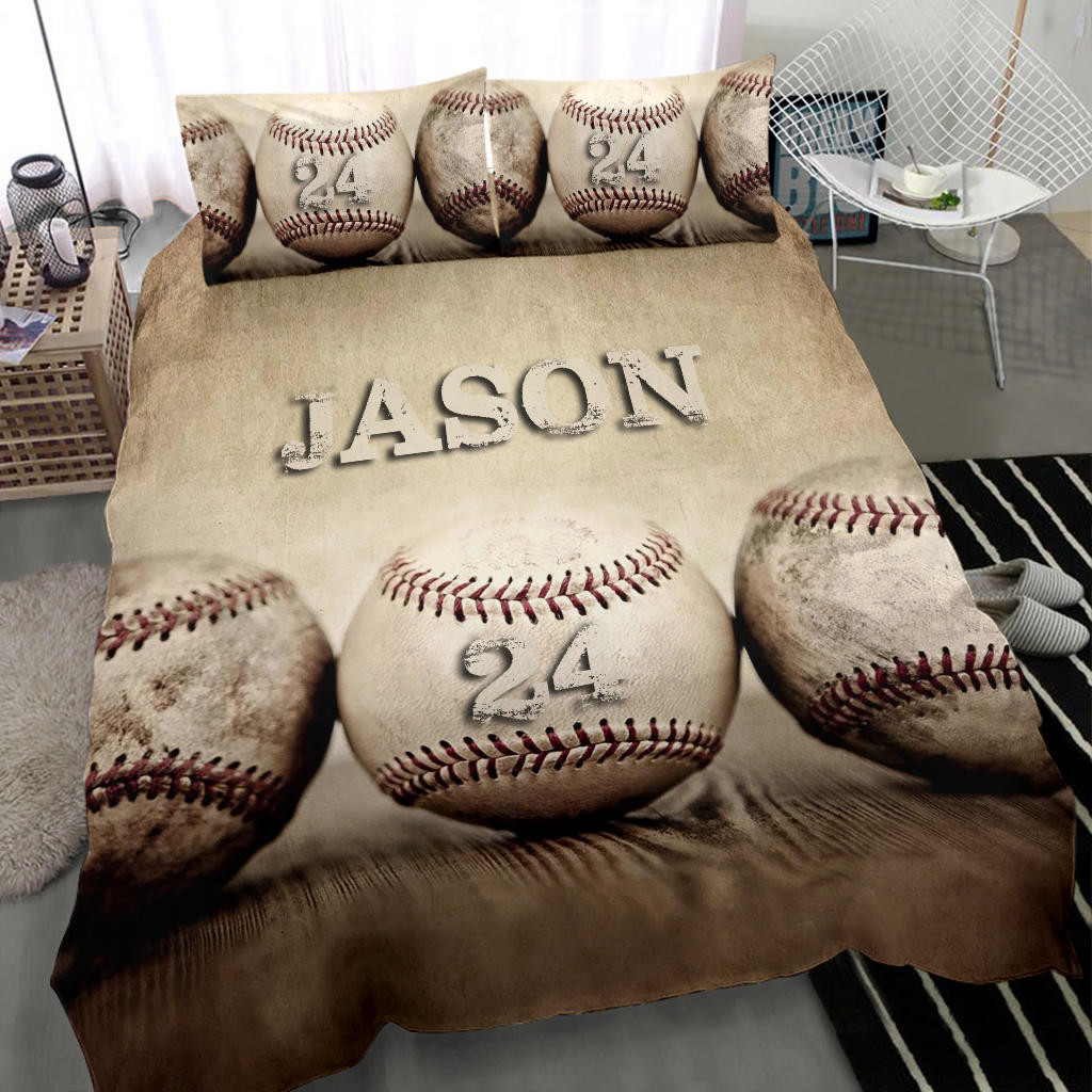 Personalized Baseball Duvet Cover Set, Baseball Ball Beige Vintage Player Gift Idea Duvet Cover & Pillowcases, Custom Name Number Bedding Set