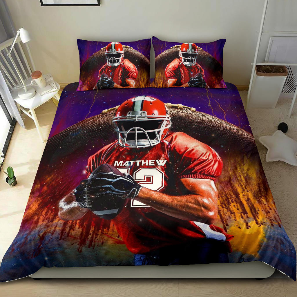 Personalized Football Duvet Cover Set, America Football Player 3D Print Gift Duvet Cover & Pillowcases, Custom Name Number Bedding Set