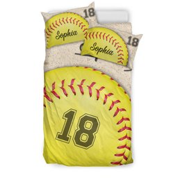 Personalized Softball Duvet Cover Set, Softball Ball 3D Printed Player Gift Beige Duvet Cover & Pillowcases, Custom Name Number Bedding Set