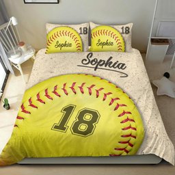 Personalized Softball Duvet Cover Set, Softball Ball 3D Printed Player Gift Beige Duvet Cover & Pillowcases, Custom Name Number Bedding Set