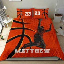 Personalized Basketball Duvet Cover Set, Basketball Player Posing Gift Red Orange Duvet Cover & Pillowcases, Custom Name Number Bedding Set