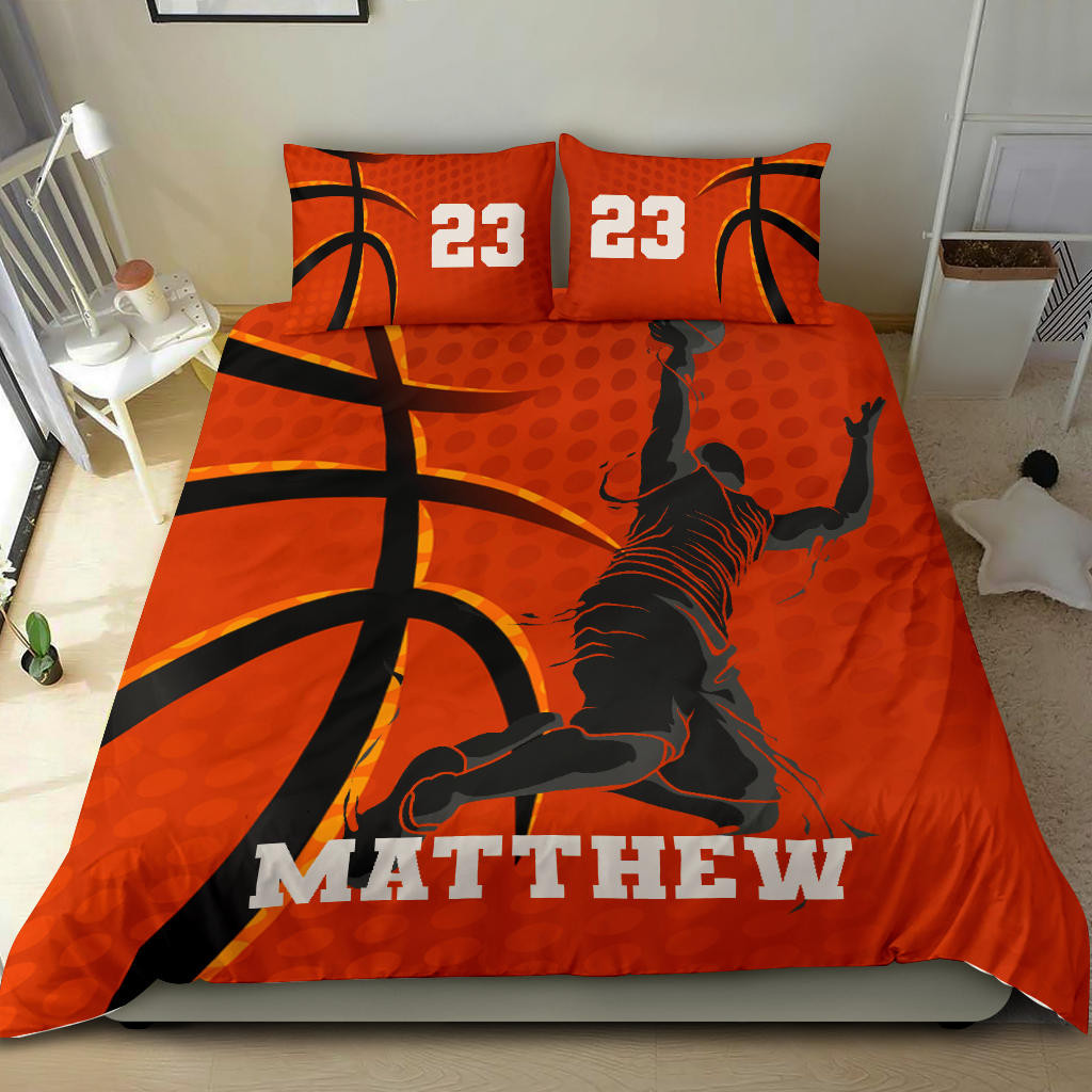 Personalized Basketball Duvet Cover Set, Basketball Player Posing Gift Red Orange Duvet Cover & Pillowcases, Custom Name Number Bedding Set