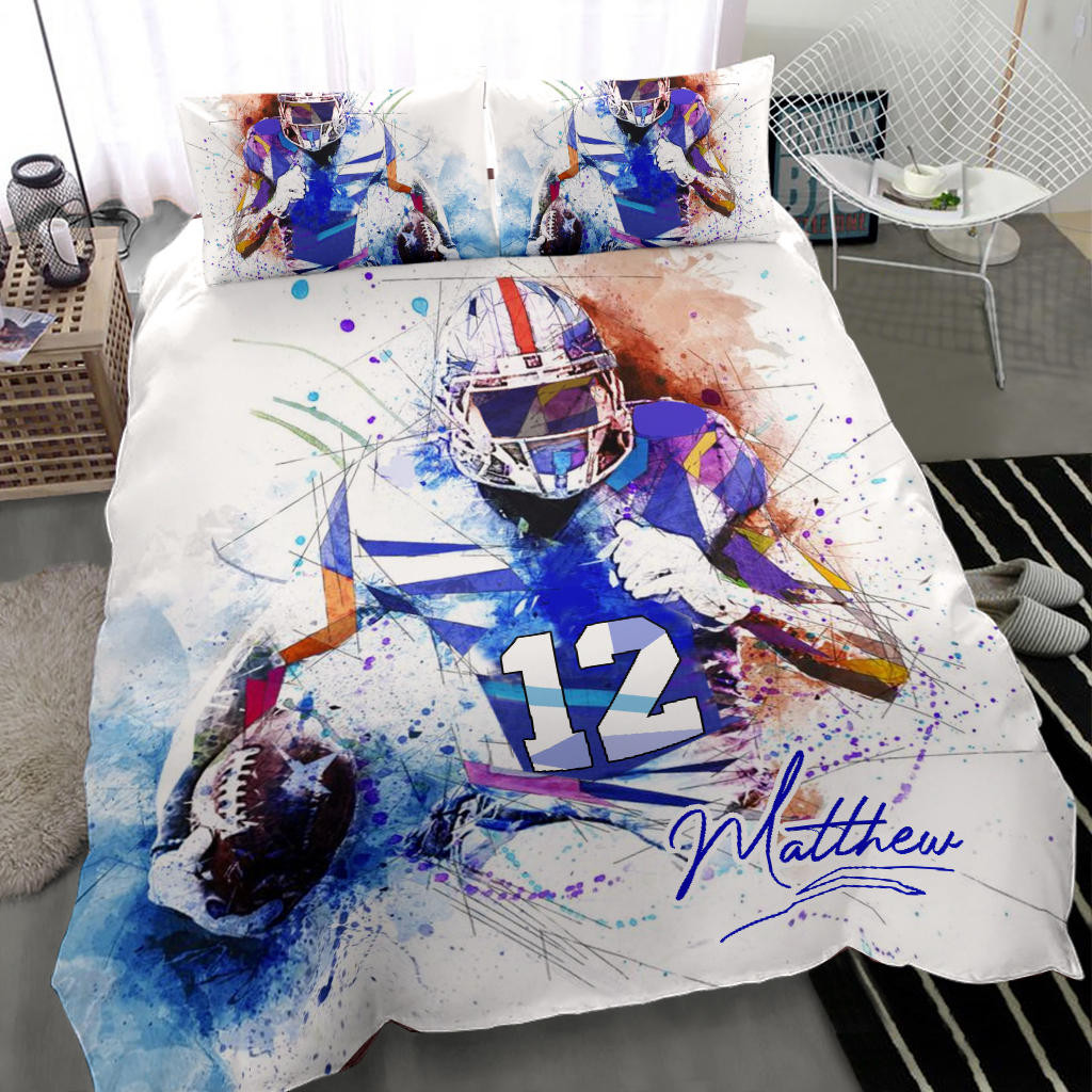 Personalized Football Duvet Cover Set, America Football Watercolor Player Gift Duvet Cover & Pillowcases, Custom Name Number Bedding Set