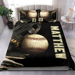 Personalized Baseball Duvet Cover Set, Baseball Player Ball 3D Printed Sport Black Duvet Cover & Pillowcases, Custom Name Number Bedding Set