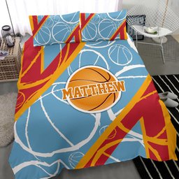 Personalized Basketball Duvet Cover Set, Basketball Ball Player Gift Idea Turquoise Duvet Cover & Pillowcases, Custom Name Number Bedding Set
