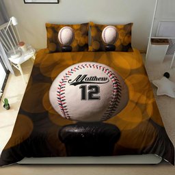 Personalized Baseball Duvet Cover Set, Baseball Ball On Bat Player Gift Idea Brown Duvet Cover & Pillowcases, Custom Name Number Bedding Set