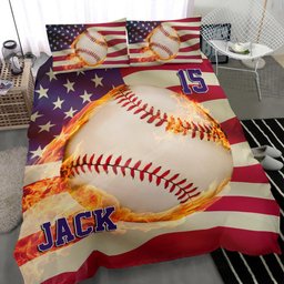 Personalized Baseball Duvet Cover Set, Baseball Fire Ball America Us Flag Player Duvet Cover & Pillowcases, Custom Name Number Bedding Set