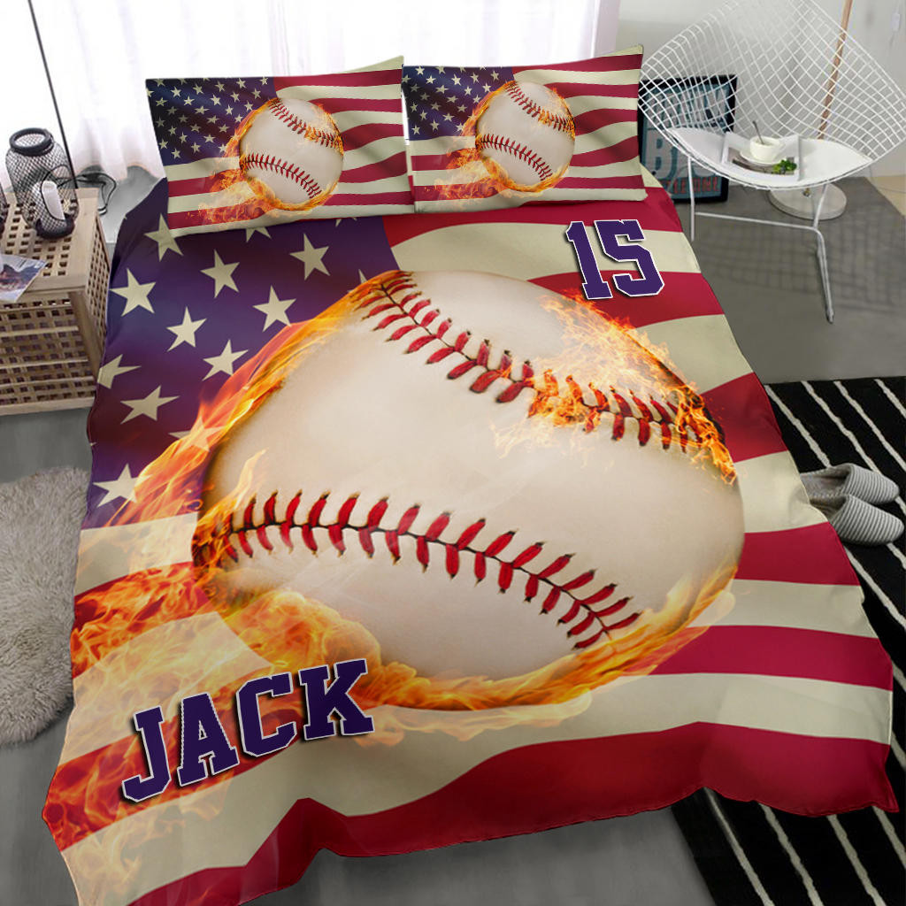 Personalized Baseball Duvet Cover Set, Baseball Fire Ball America Us Flag Player Duvet Cover & Pillowcases, Custom Name Number Bedding Set