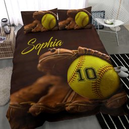 Personalized Softball Duvet Cover Set, Softball Ball Glove Vintage Brown Player Fan Duvet Cover & Pillowcases, Custom Name Number Bedding Set