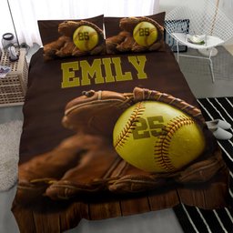 Personalized Softball Duvet Cover Set, Softball Gloves Ball Player Gift Vintage Duvet Cover & Pillowcases, Custom Name Number Bedding Set