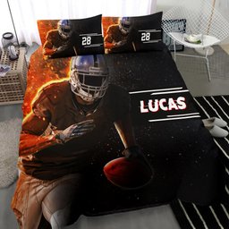 Personalized Football Duvet Cover Set, America Football Running Player Gift Black Duvet Cover & Pillowcases, Custom Name Number Bedding Set