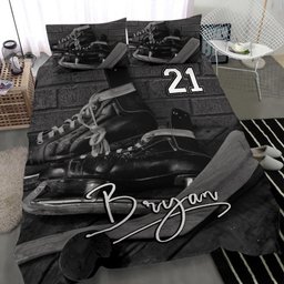 Personalized Hockey Duvet Cover Set, Player Gift Hockey Shoes Stick Vintage Black Duvet Cover & Pillowcases, Custom Name Number Bedding Set