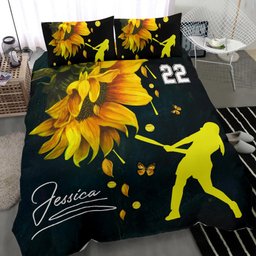 Personalized Softball Duvet Cover Set, Softball Girl Player Gift Sunflower Flower Duvet Cover & Pillowcases, Custom Name Number Bedding Set