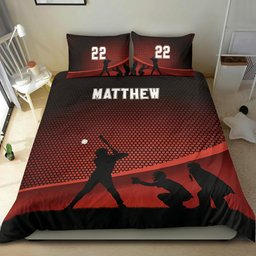 Personalized Baseball Duvet Cover Set, Baseball Red Boy Player Team Gift Idea Duvet Cover & Pillowcases, Custom Name Number Bedding Set