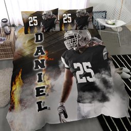Personalized Football Duvet Cover Set, America Football Player Fire Smoke Gift Idea Duvet Cover & Pillowcases, Custom Name Number Bedding Set