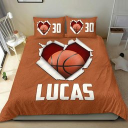Personalized Basketball Duvet Cover Set, Basketball Ball Heart 3D Print Brown Player Duvet Cover & Pillowcases, Custom Name Number Bedding Set