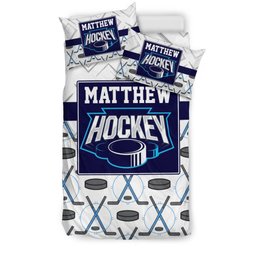 Personalized Hockey Duvet Cover Set, Hockey Stick Puck Pattern White Player Gift Duvet Cover & Pillowcases, Custom Name Number Bedding Set