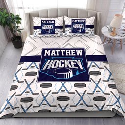 Personalized Hockey Duvet Cover Set, Hockey Stick Puck Pattern White Player Gift Duvet Cover & Pillowcases, Custom Name Number Bedding Set