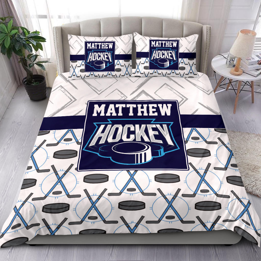 Personalized Hockey Duvet Cover Set, Hockey Stick Puck Pattern White Player Gift Duvet Cover & Pillowcases, Custom Name Number Bedding Set