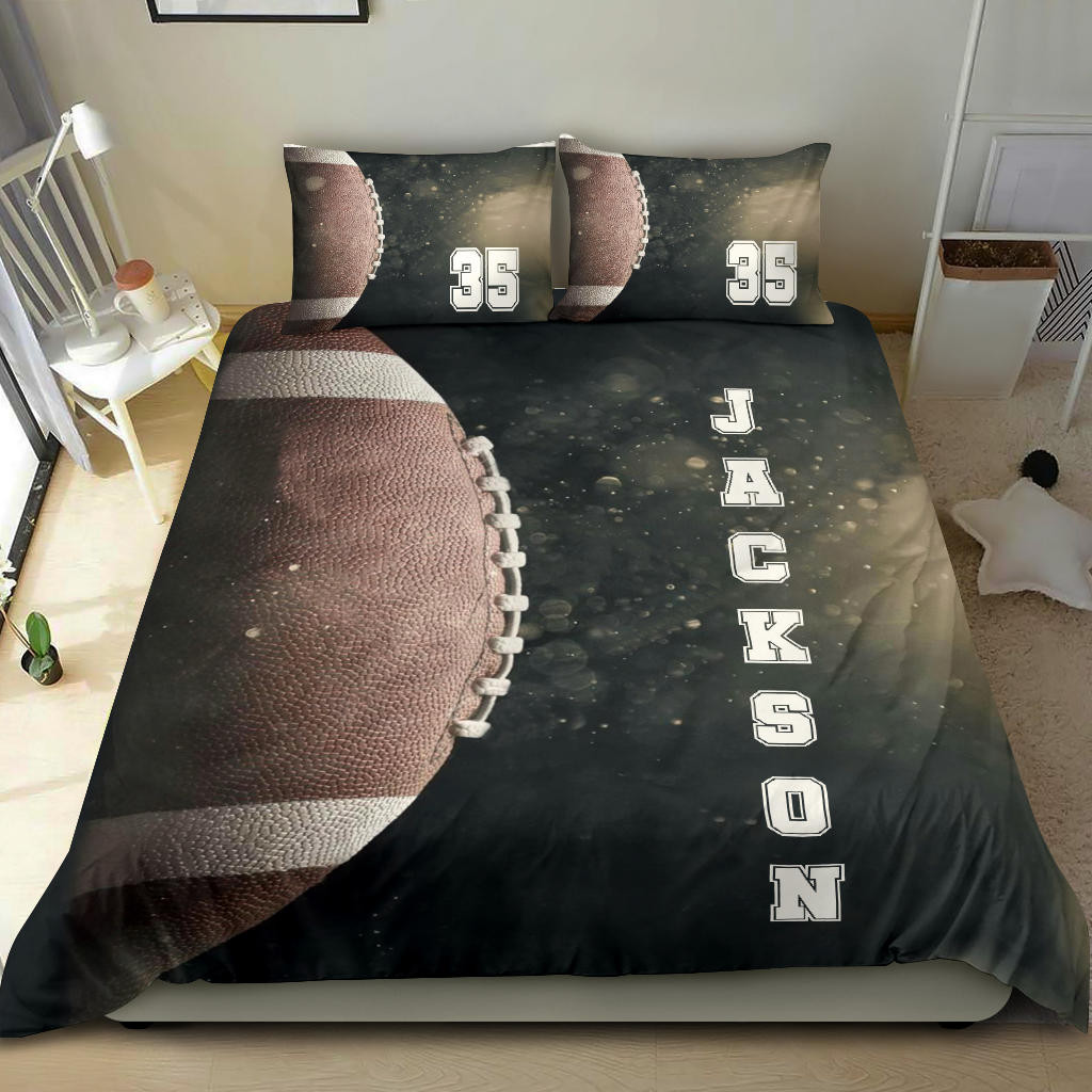 Personalized Football Duvet Cover Set, Football Ball Dust Player Gift Idea Black Duvet Cover & Pillowcases, Custom Name Number Bedding Set