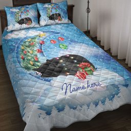 Black Cat Quilt Bedding Set, Black Cat Sleeping On The Moon Snowflake Xmas Tree Dog Quilt Blanket With Pillowcases, Duvet Cover Set