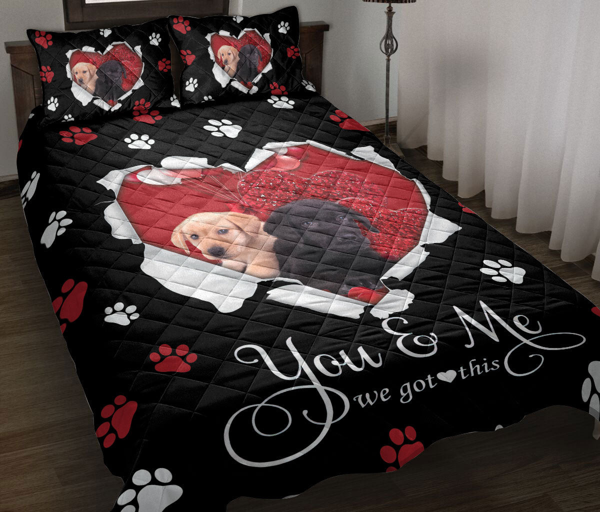 Labrador Retriever Quilt Bedding Set, Yellow Black Labrador Retriever Lab Dog Puppy Pearl Love Heart Quilt Blanket With Pillowcases, Duvet Cover Set