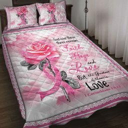 Breast Cancer Quilt Bedding Set, Breast Cancer Awareness Pink Bc Support Rose Faith Hope Love Quilt Blanket With Pillowcases, Duvet Cover Set