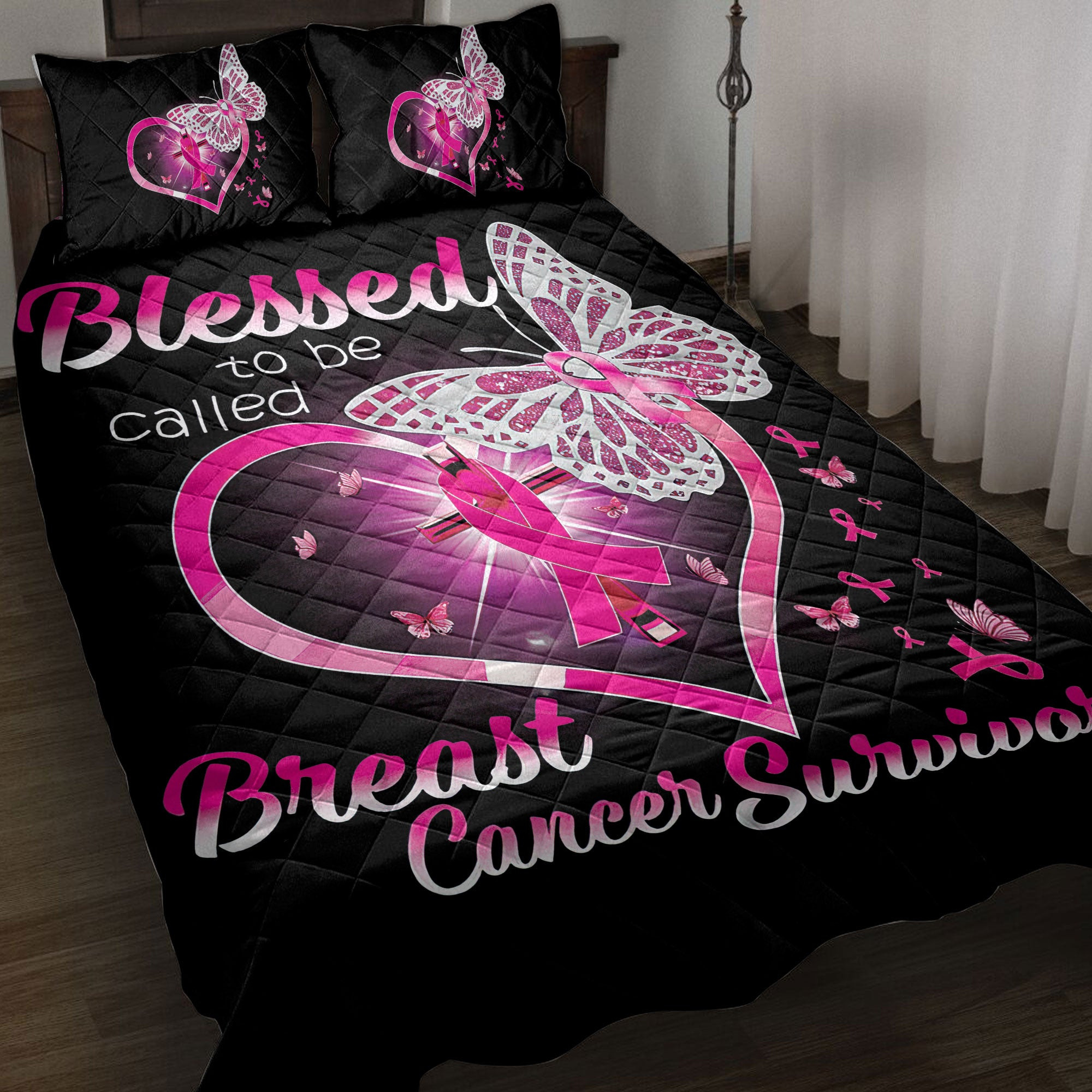 Breast Cancer Quilt Bedding Set, Blessed To Be Called Breast Cancer Survivor Quilt Blanket With Pillowcases, Duvet Cover Set