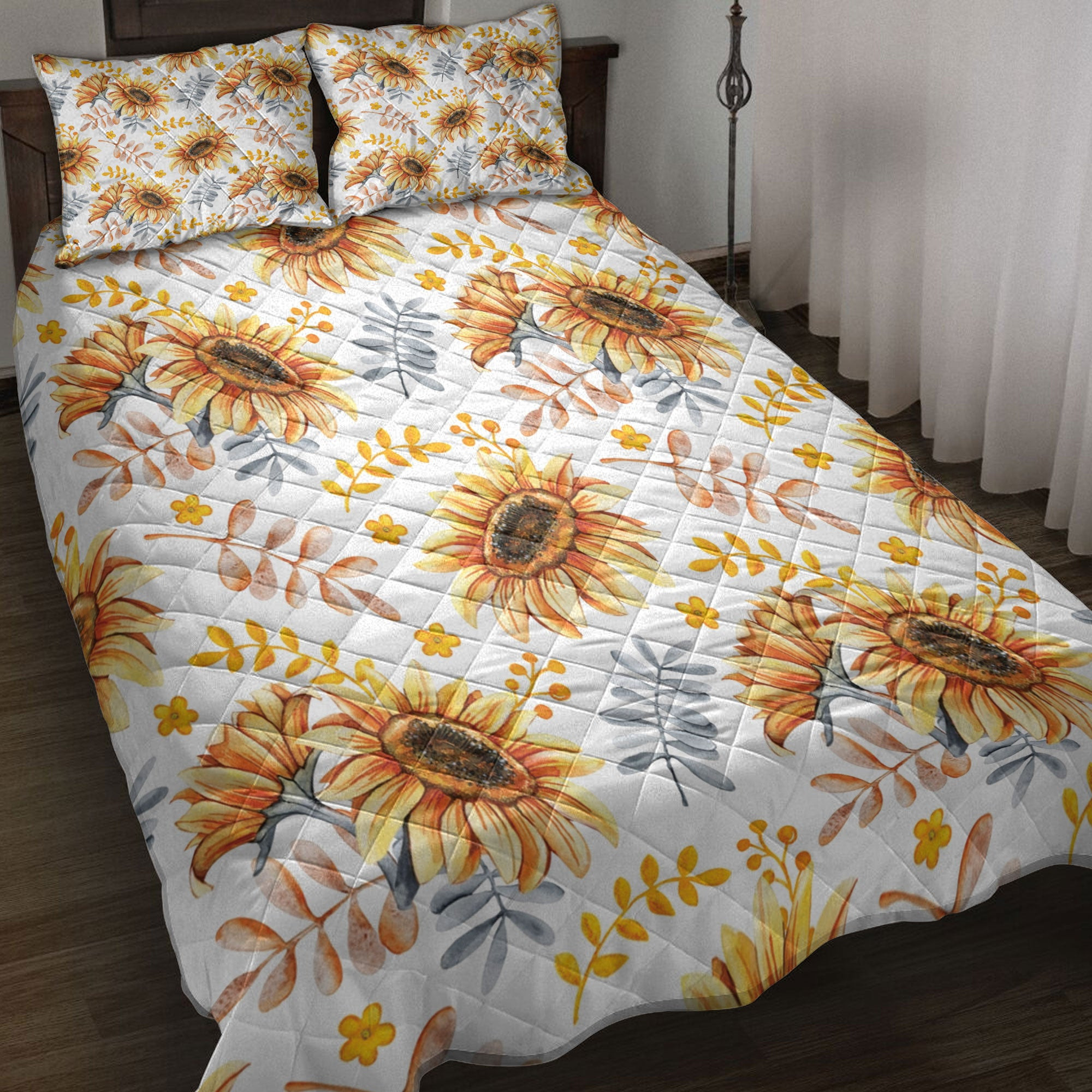 Quilt Bedding Set, Fall Autumn Sunflower Berries Harves Leaves Autumn Thanksgiving Holiday Quilt Blanket With Pillowcases, Duvet Cover Set, Autumn Gift