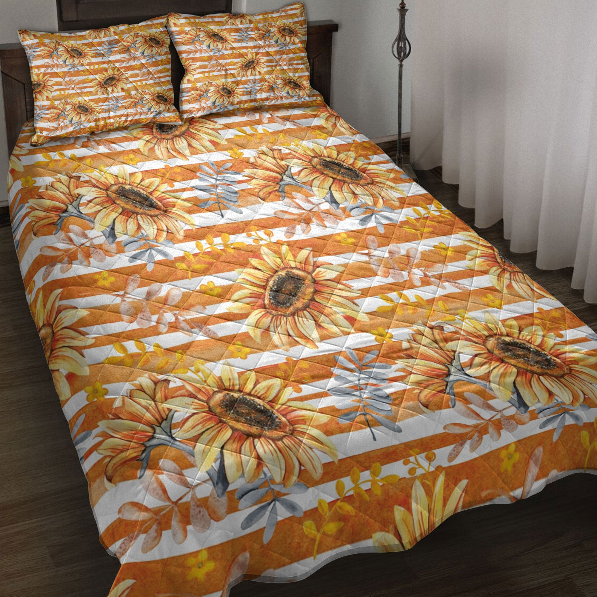 Quilt Bedding Set, Autumn Sunflower Berries Fall Harves Leaves Autumn Thanksgiving Holiday Quilt Blanket With Pillowcases, Duvet Cover Set, Autumn Gift
