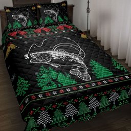 Fishing Quilt Bedding Set, Fishing Snowflake Bell Ugly Chrismas Quilt Blanket With Pillowcases, Duvet Cover Set