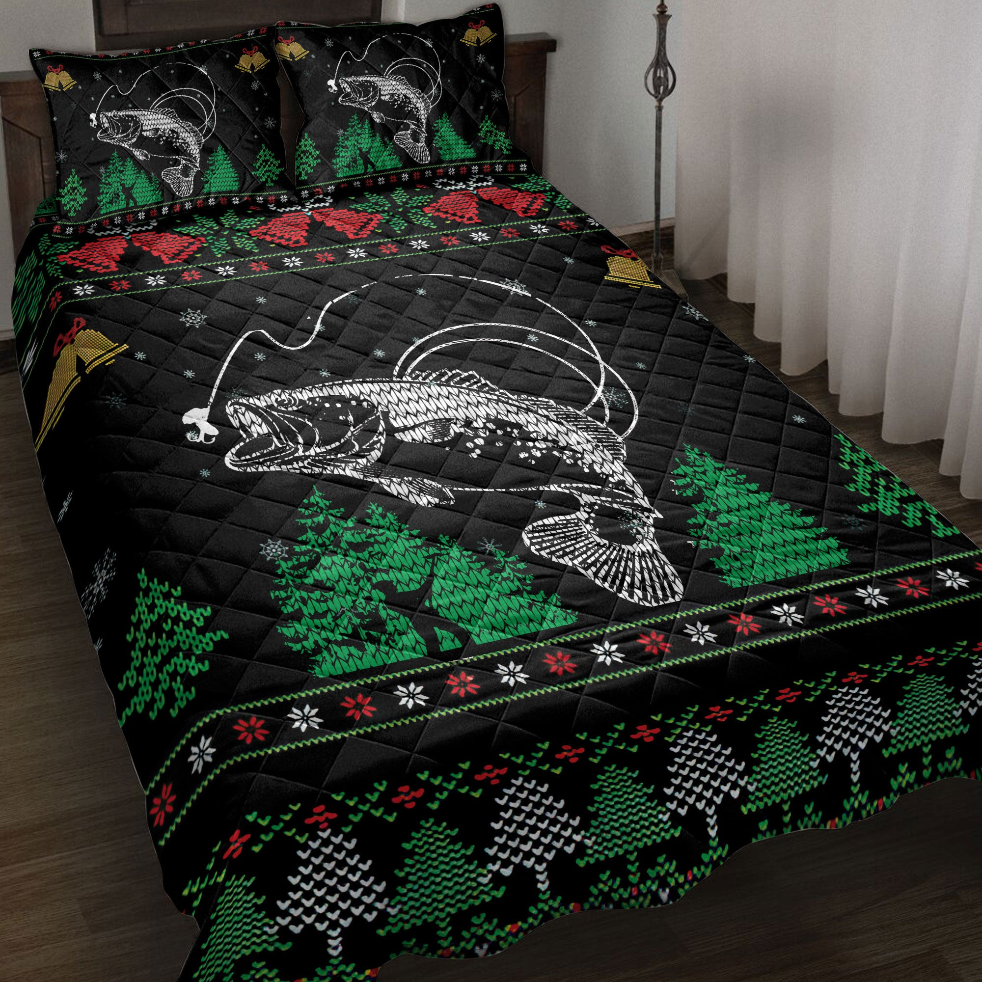 Fishing Quilt Bedding Set, Fishing Snowflake Bell Ugly Chrismas Quilt Blanket With Pillowcases, Duvet Cover Set