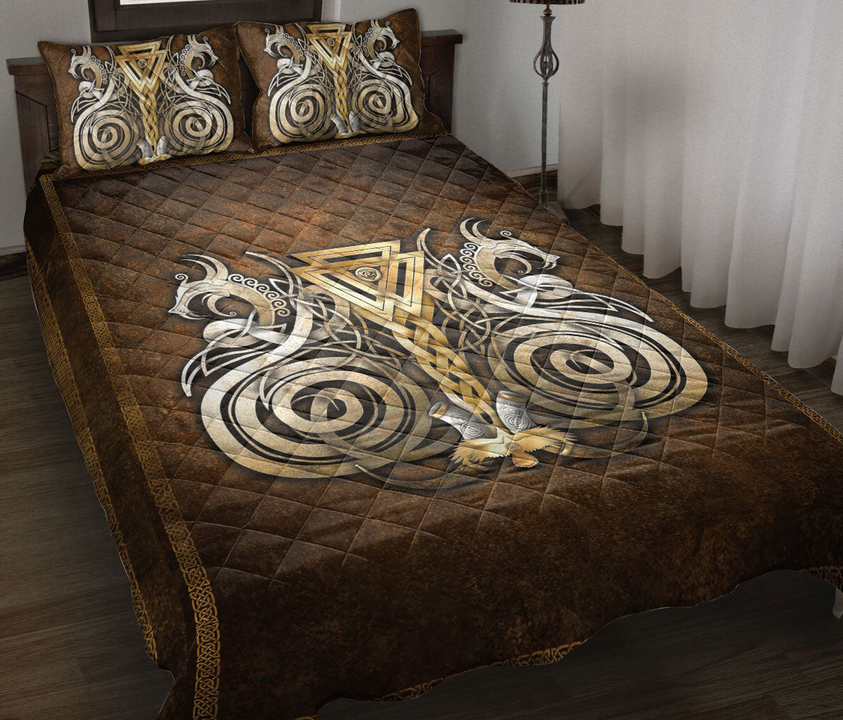 Viking Quilt Bedding Set, Viking Norse Valknut Dragons Mjolnir Norse Nordic Celtic Knot Quilt Blanket With Pillowcases, Duvet Cover Set