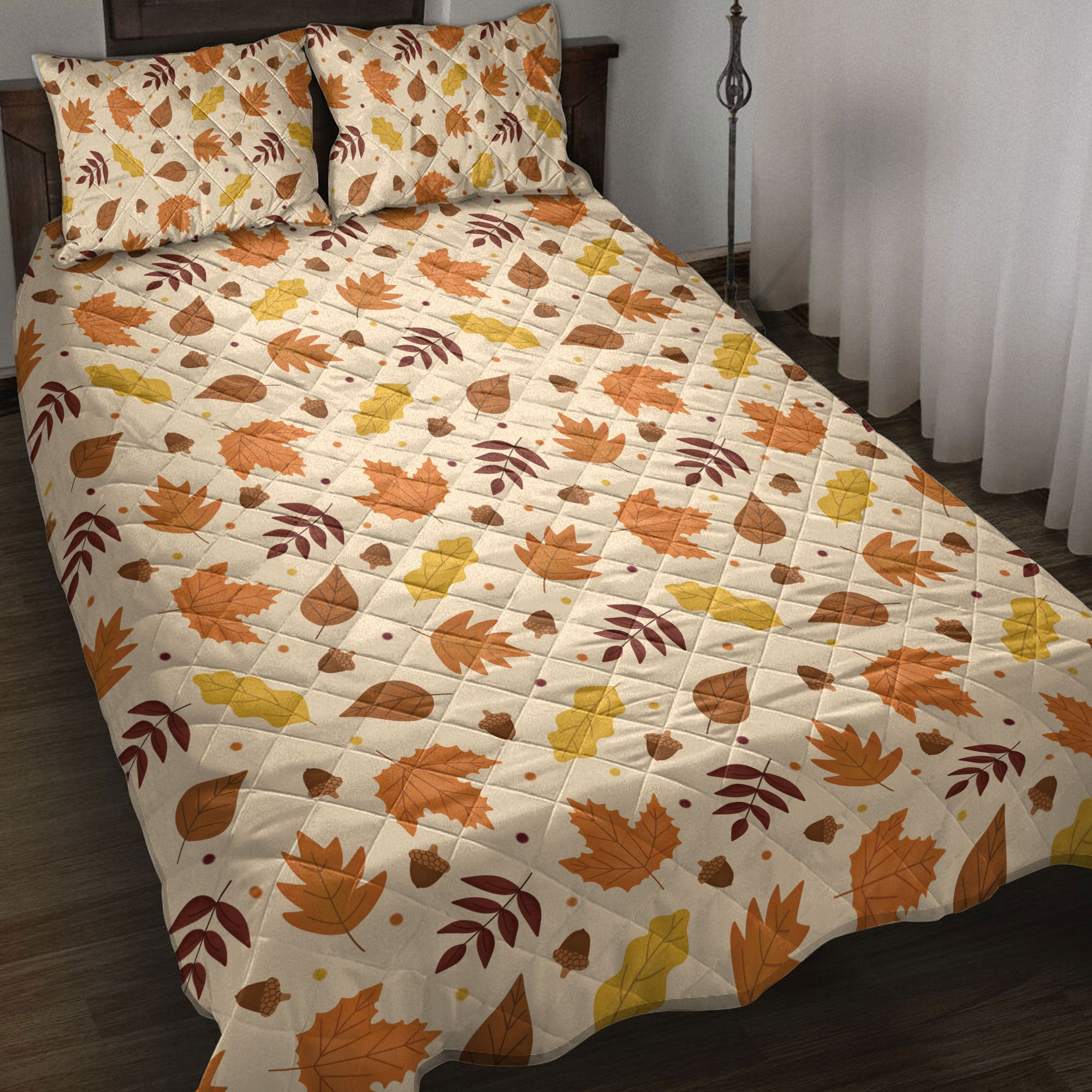Thanksgiving Quilt Bedding Set, Happy Thanksgiving Acorn Peach Beige Quilt Blanket With Pillowcases, Duvet Cover Set