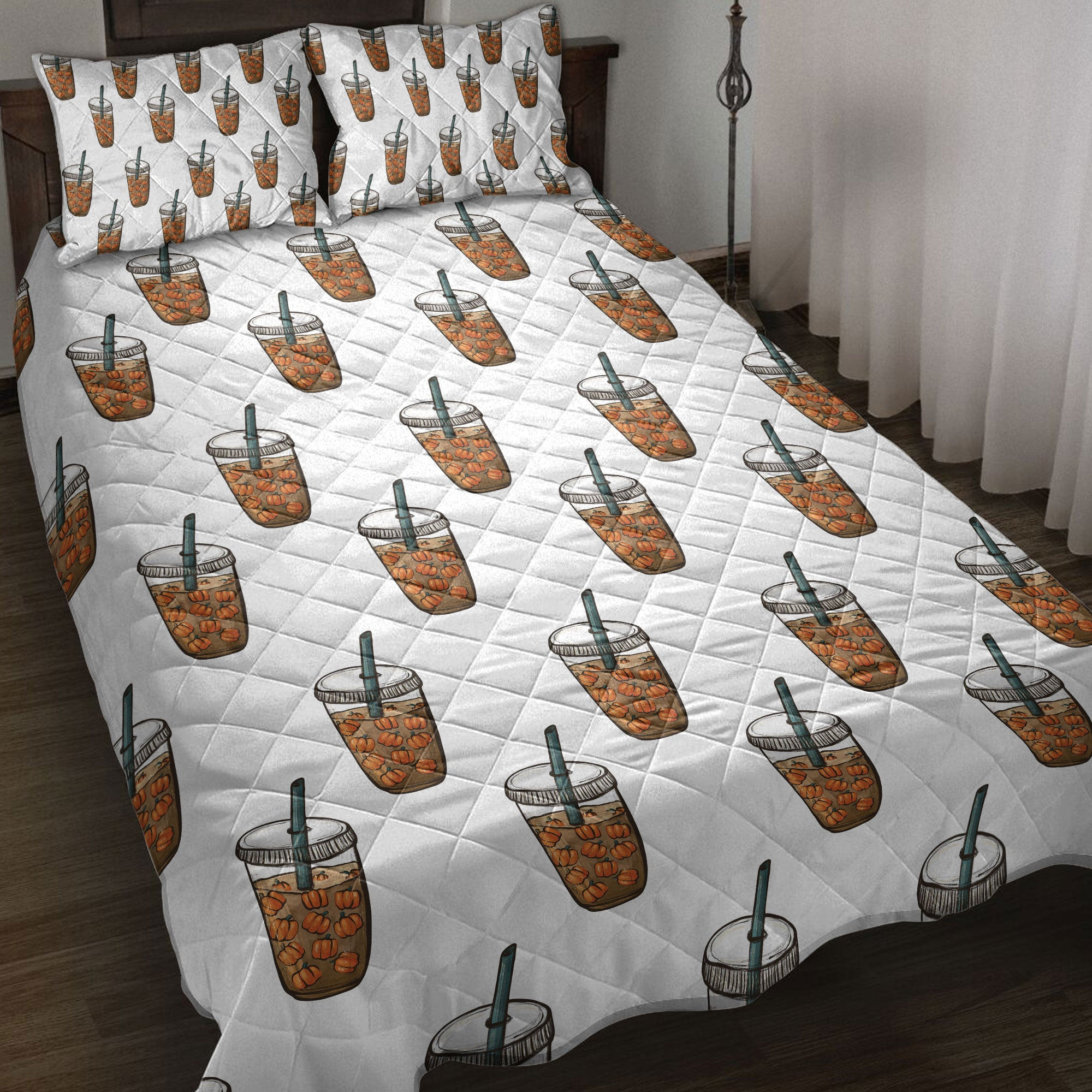 Thanksgiving Quilt Bedding Set, Happy Thanksgiving Pumpkin Spice Fall Quilt Blanket With Pillowcases, Duvet Cover Set