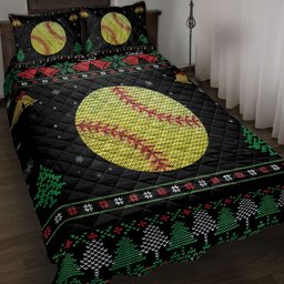 Softball Quilt Bedding Set, Softball Snowflake Bell Ugly Chrismas Softball Quilt Blanket With Pillowcases, Duvet Cover Set